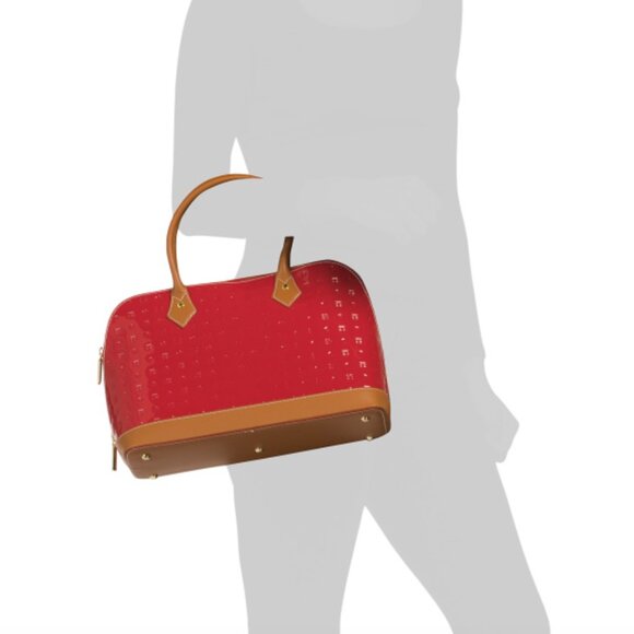 ARCADIA Made In Italy Patent Leather Dome Zip Zip Satchel W Vacchetta Det Red - Picture 3 of 11